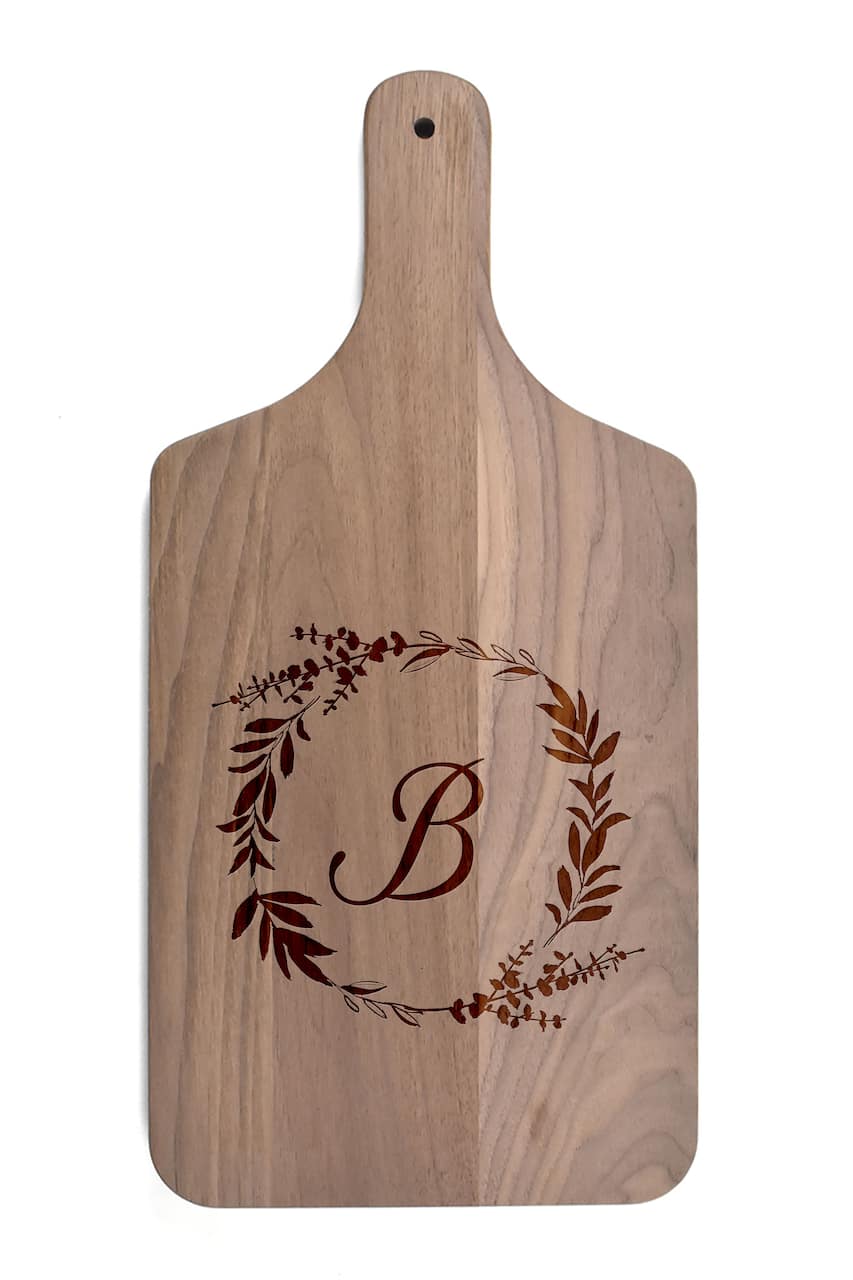 Floral Wreath Monogram Walnut Paddle Cutting Board